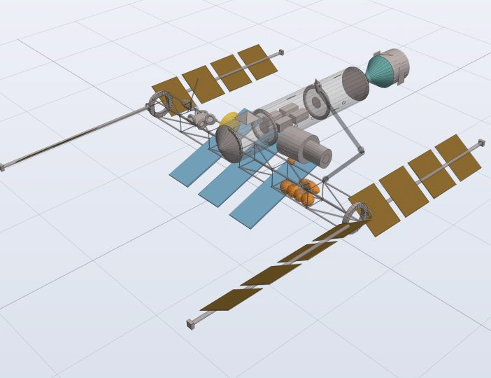 An orbital station with trusses, solar wings, radiators and pressurised modules, drawn from SysML v2 text.